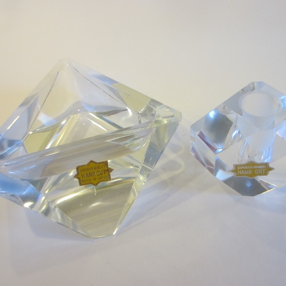 Superior Quality Hand Cut Crystal Candle Holder & Bowl Made In Japan New - Picture 3 of 6